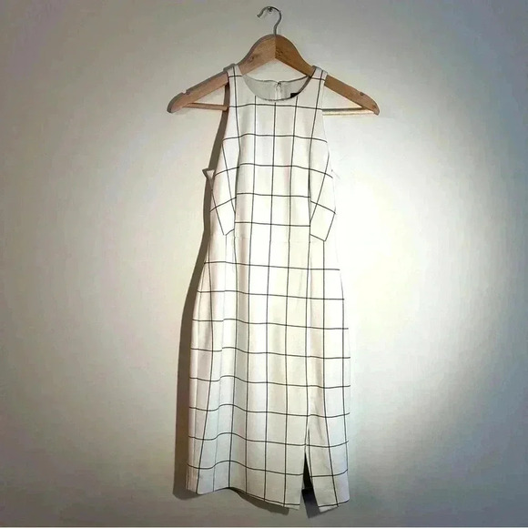 Banana Republic Sheath Dress with  Slit in Black and White Windowpane Pattern - Picture 1 of 6